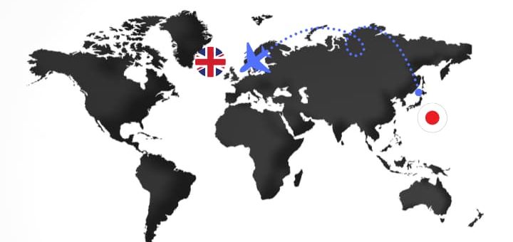 日本からイギリスまでの飛行ルートを示した世界地図
