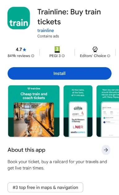 Trainlineアプリのダウンロード画面