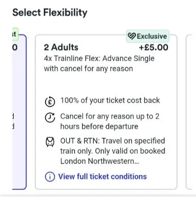 Trainline Flexオプション画面:出発2時間前までキャンセル可能な有料オプションの説明