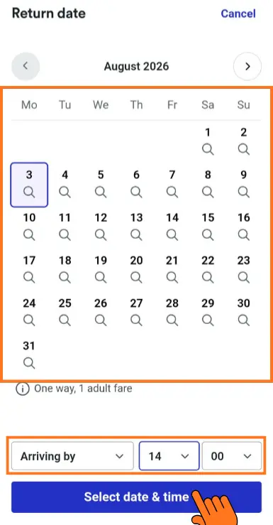Trainline復路日付選択カレンダーと到着時刻の設定画面