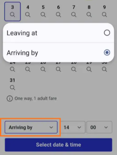 Trainline日時設定画面:Leaving at(出発時刻指定)とArriving by(到着時刻指定)の切り替えオプション
