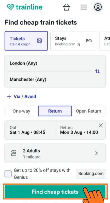 Trainline検索条件確定画面:出発地・目的地・日程・人数・Railcard設定済みの状態でFind cheap ticketsボタンを押す