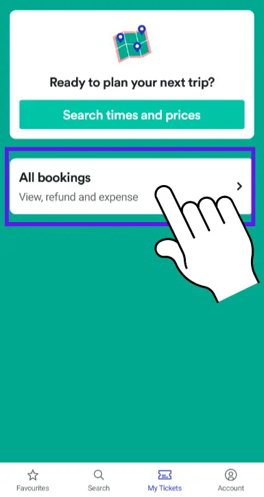 TrainlineアプリのMy Tickets画面:All bookingsから予約履歴・払い戻し・経費確認ができる